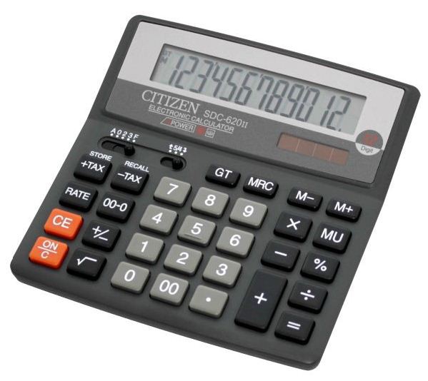Калькулятор Citizen SDC-620II черный 12-разрядный 2-е питание, 00, TAX, mark up, GT, A023F